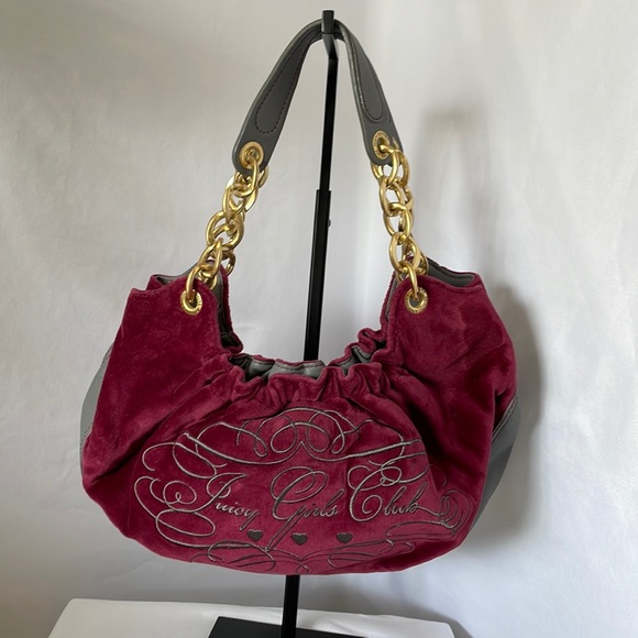 Juicy Couture Handbags - Juicy couture y2k handbag maroon velvet like material  gray trim gold hardware
